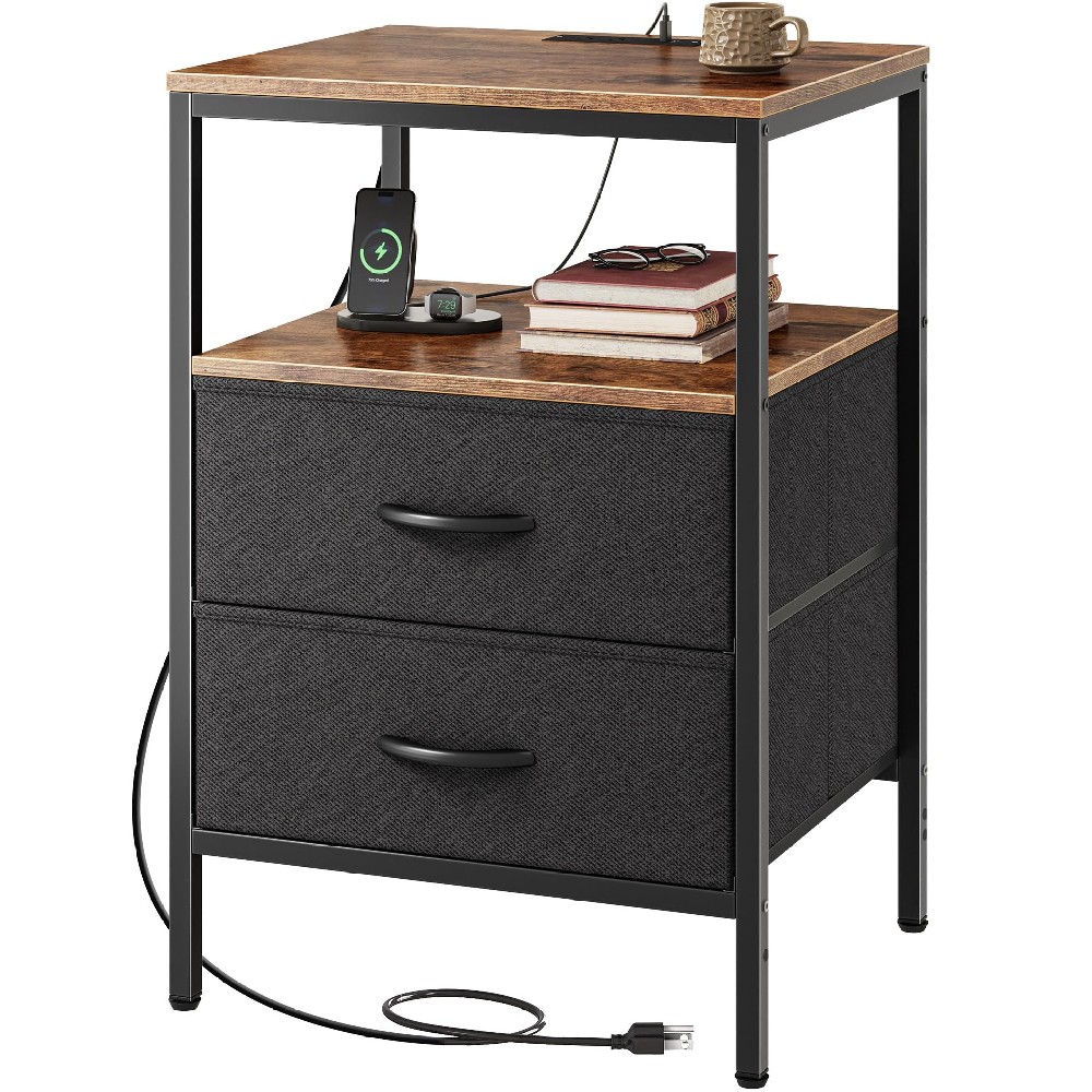 Nightstand with Charging Station, Side Table with Fabric Drawers, End Table with Open Shelf